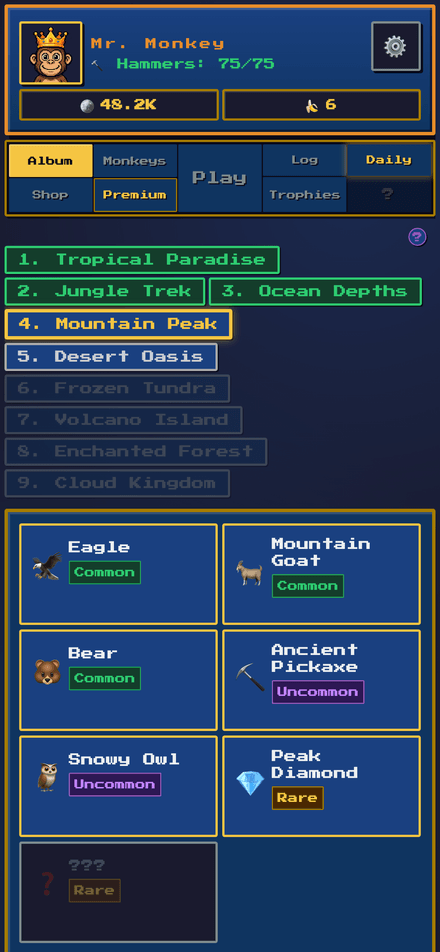 Collection album with discovered items and rarity labels.