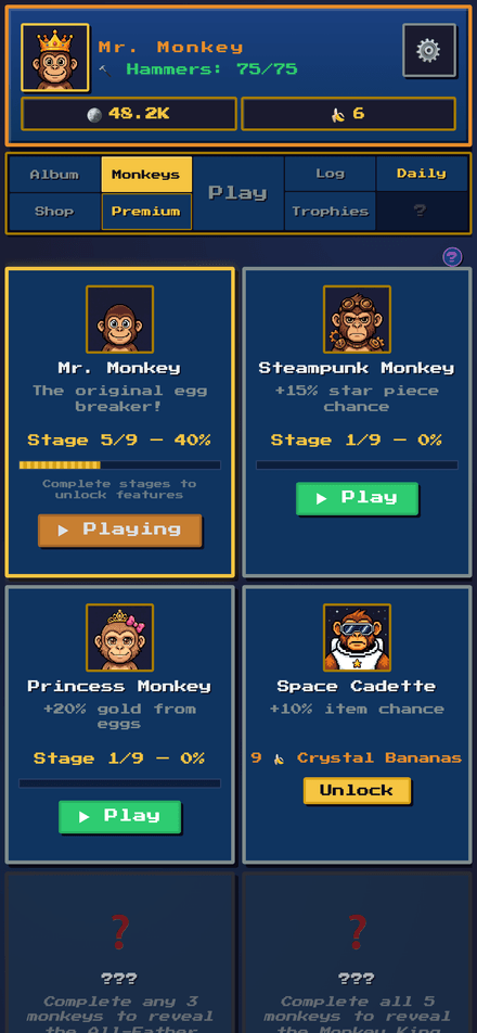 Monkey companion selection screen showing unlocked and locked monkeys.