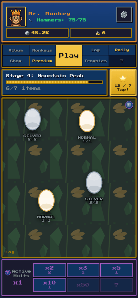 Egg tray with normal and silver eggs, hammer counter and multiplier bar.