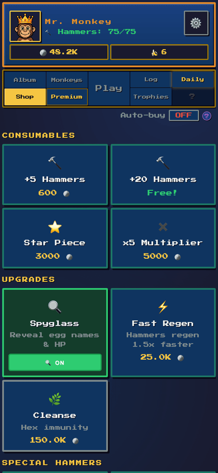 The shop showing hats, hammers and permanent upgrades priced in gold.